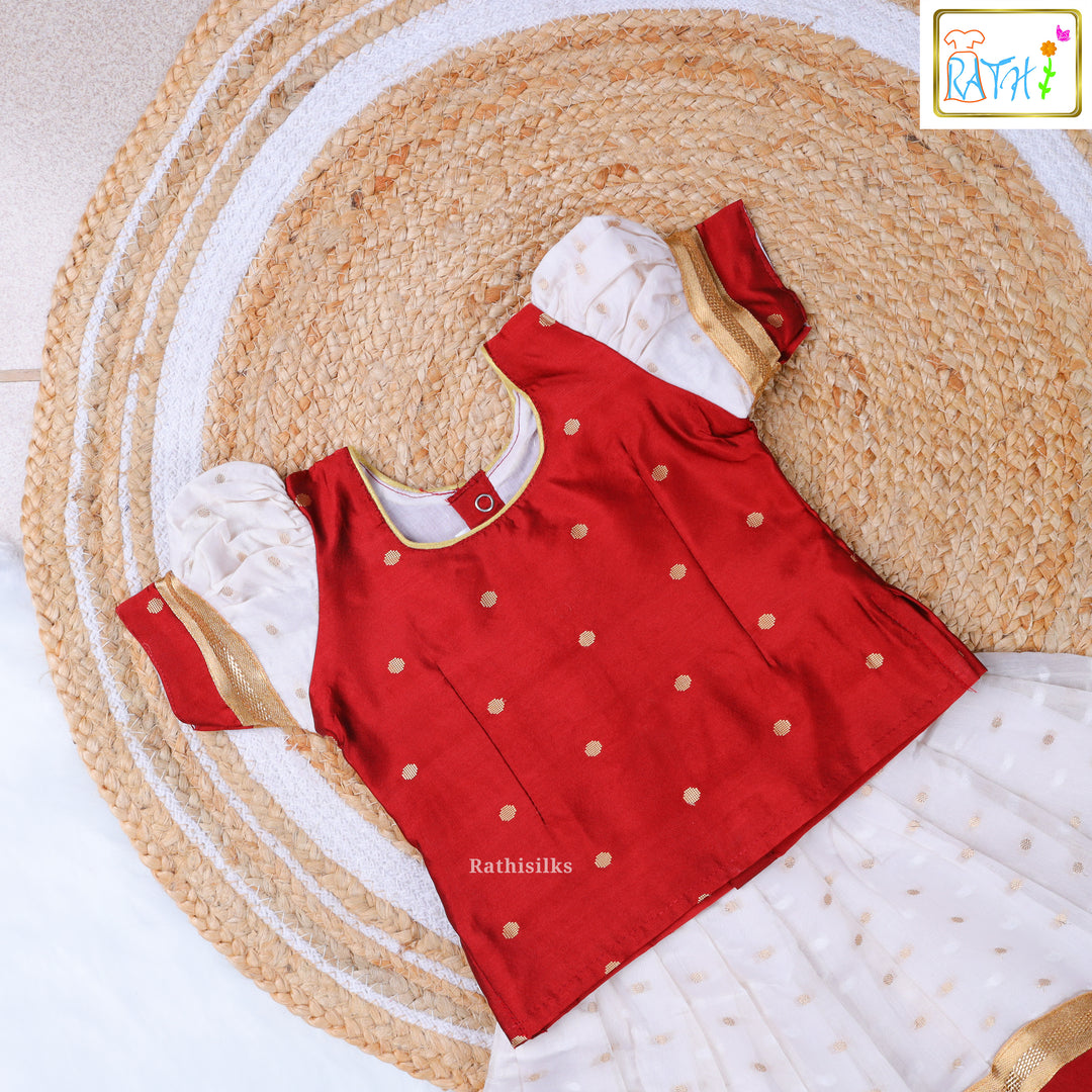 Red Polka Blouse & White Zari Pavadai Set