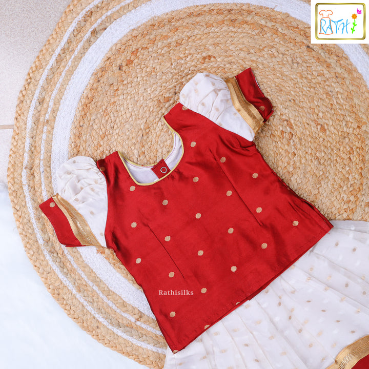 Red Polka Blouse & White Zari Pavadai Set