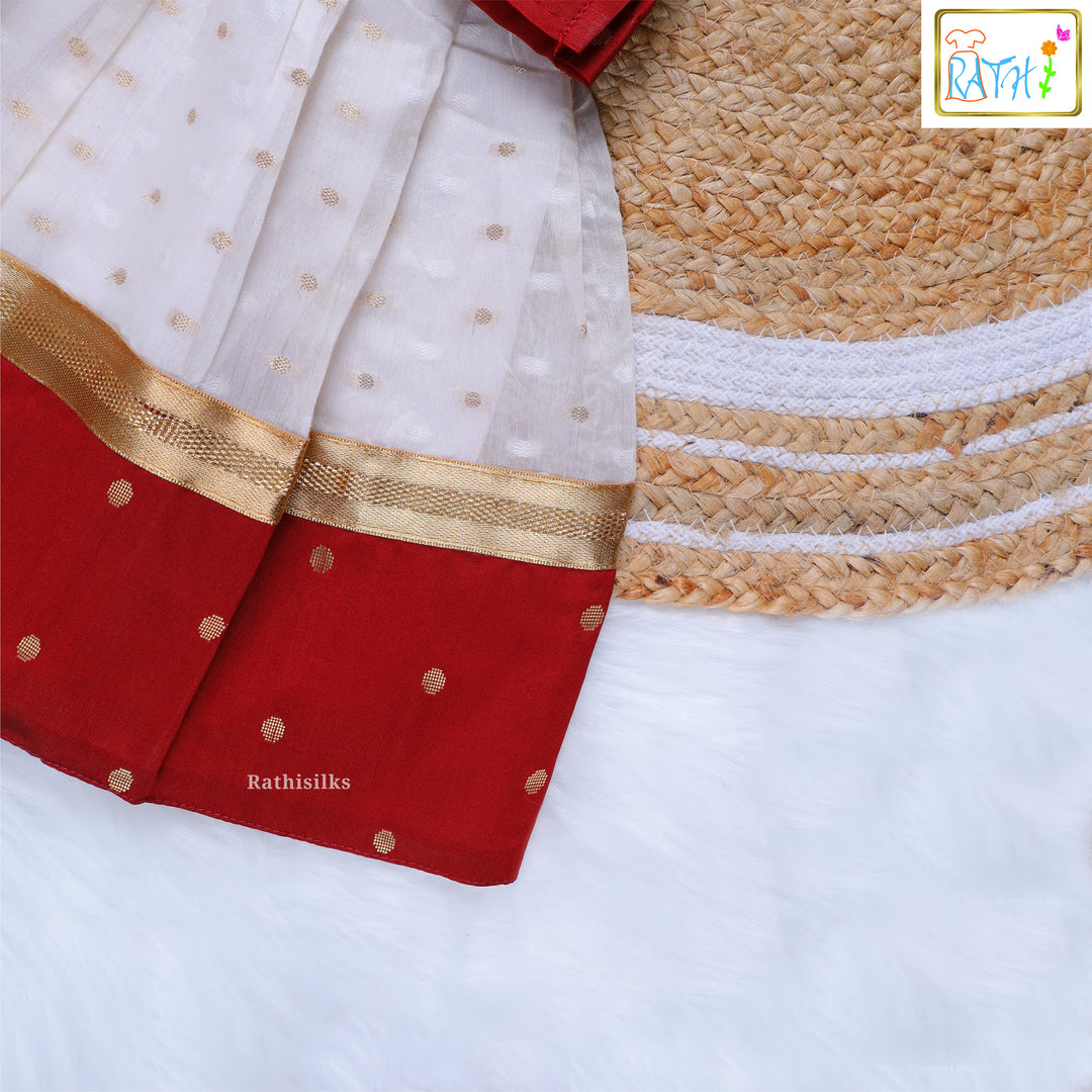 Red Polka Blouse & White Zari Pavadai Set