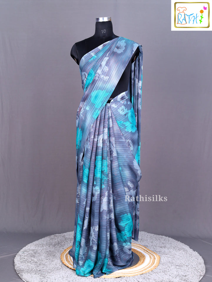 Elegant Grey and Teal Synthetic Saree