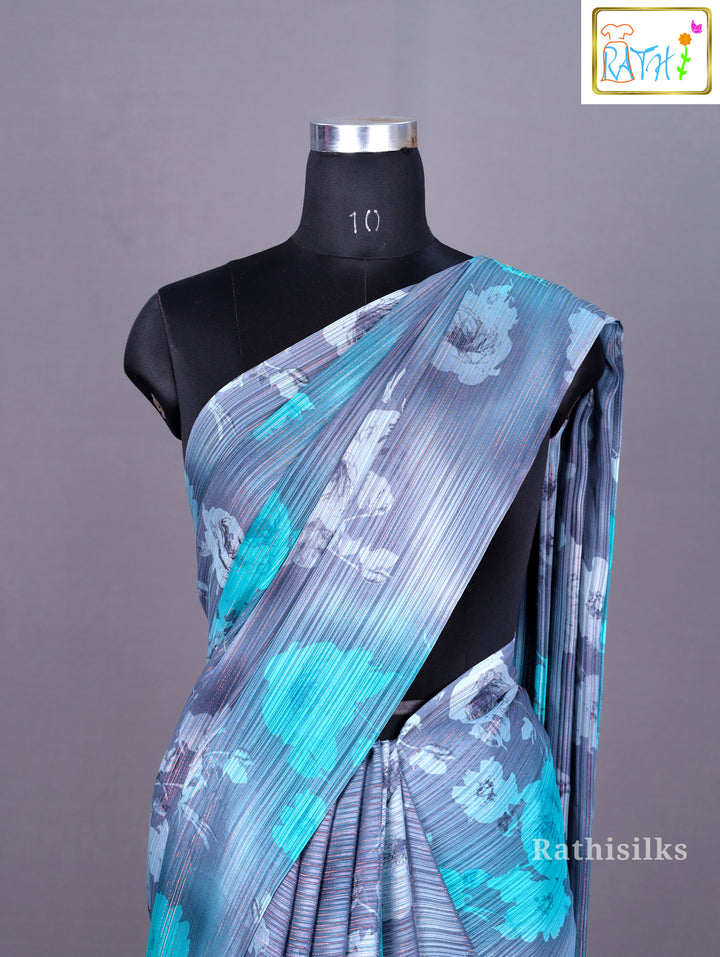 Elegant Grey and Teal Synthetic Saree