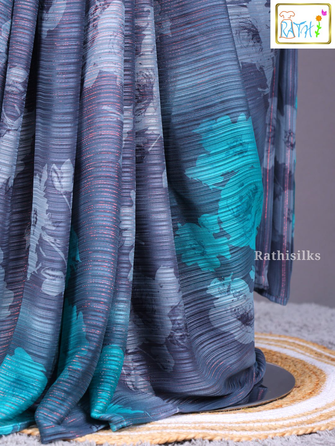 Elegant Grey and Teal Synthetic Saree
