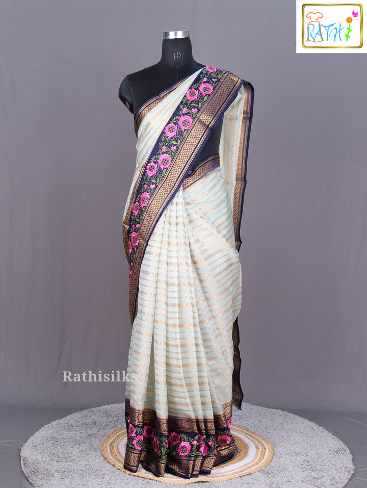 Elegant Light Green and Pink Floral Embroidered Synthetic Saree