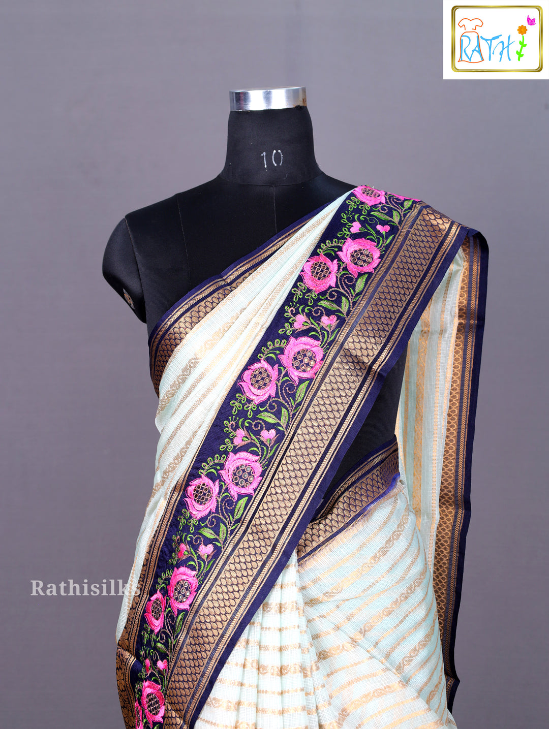 Elegant Light Green and Pink Floral Embroidered Synthetic Saree