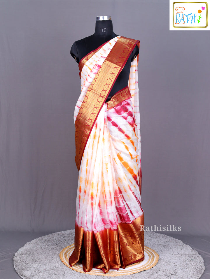 Elegant White and Orange Tie-Dye Synthetic Saree