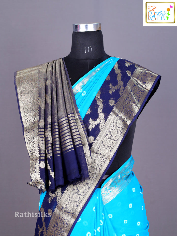 Vibrant Blue and Navy Synthetic Saree