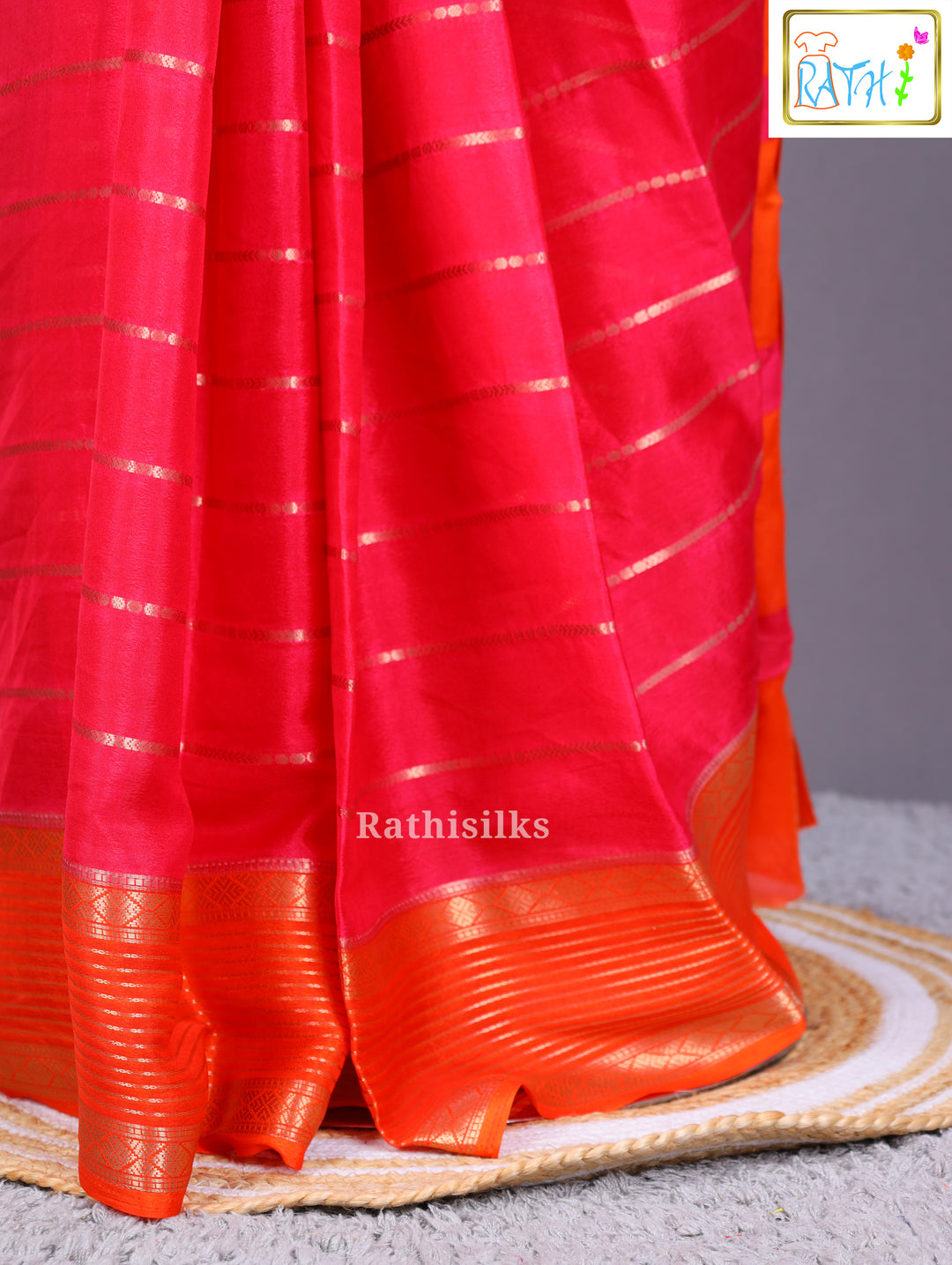 Vibrant Pink and Orange Synthetic Saree
