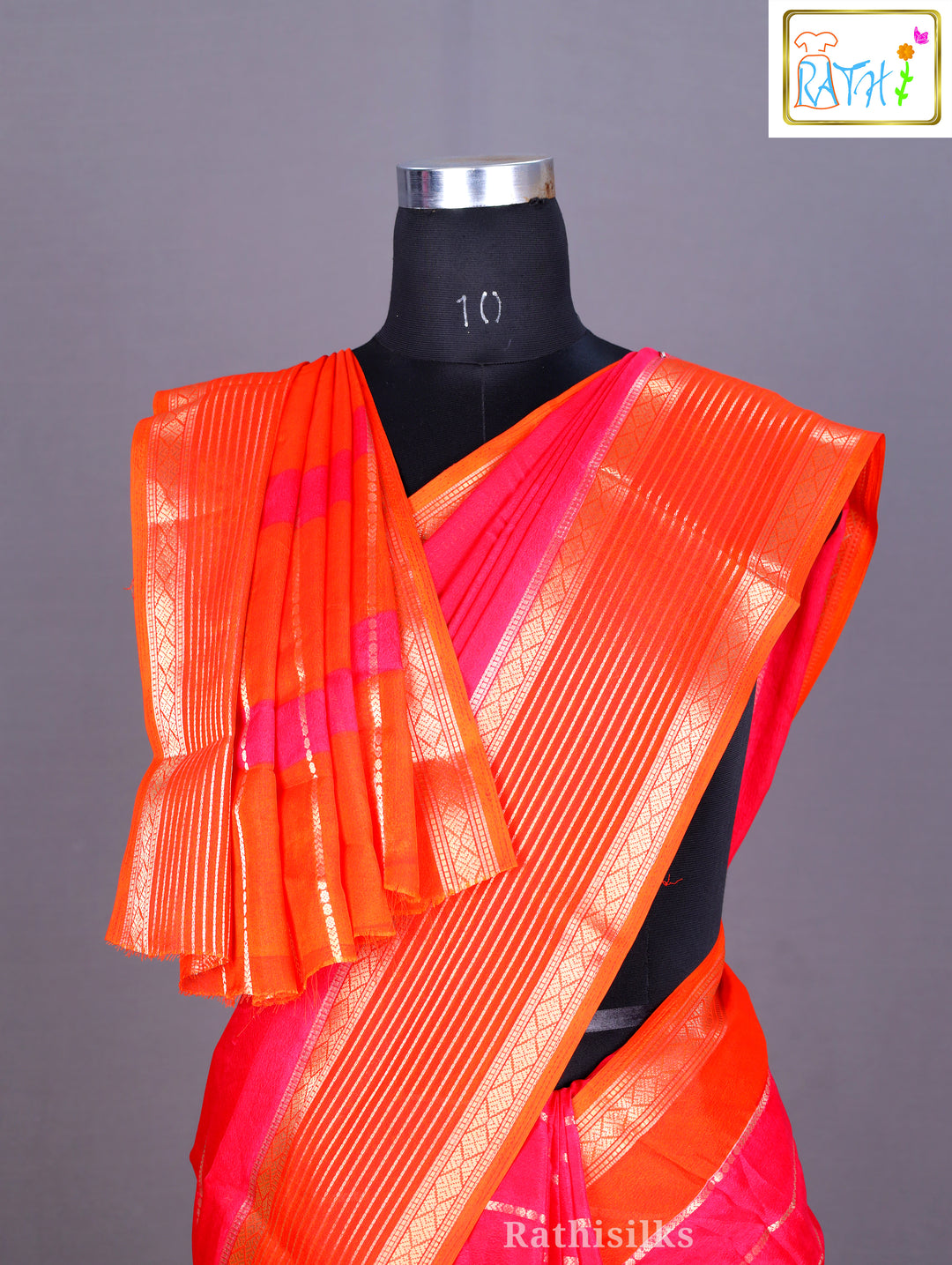 Vibrant Pink and Orange Synthetic Saree