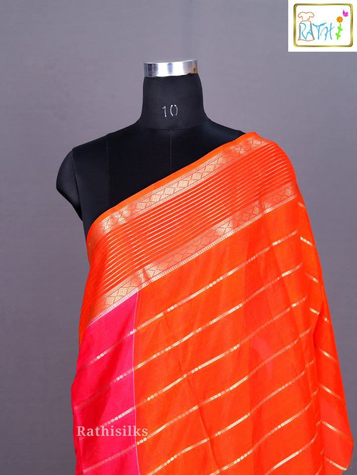 Vibrant Pink and Orange Synthetic Saree