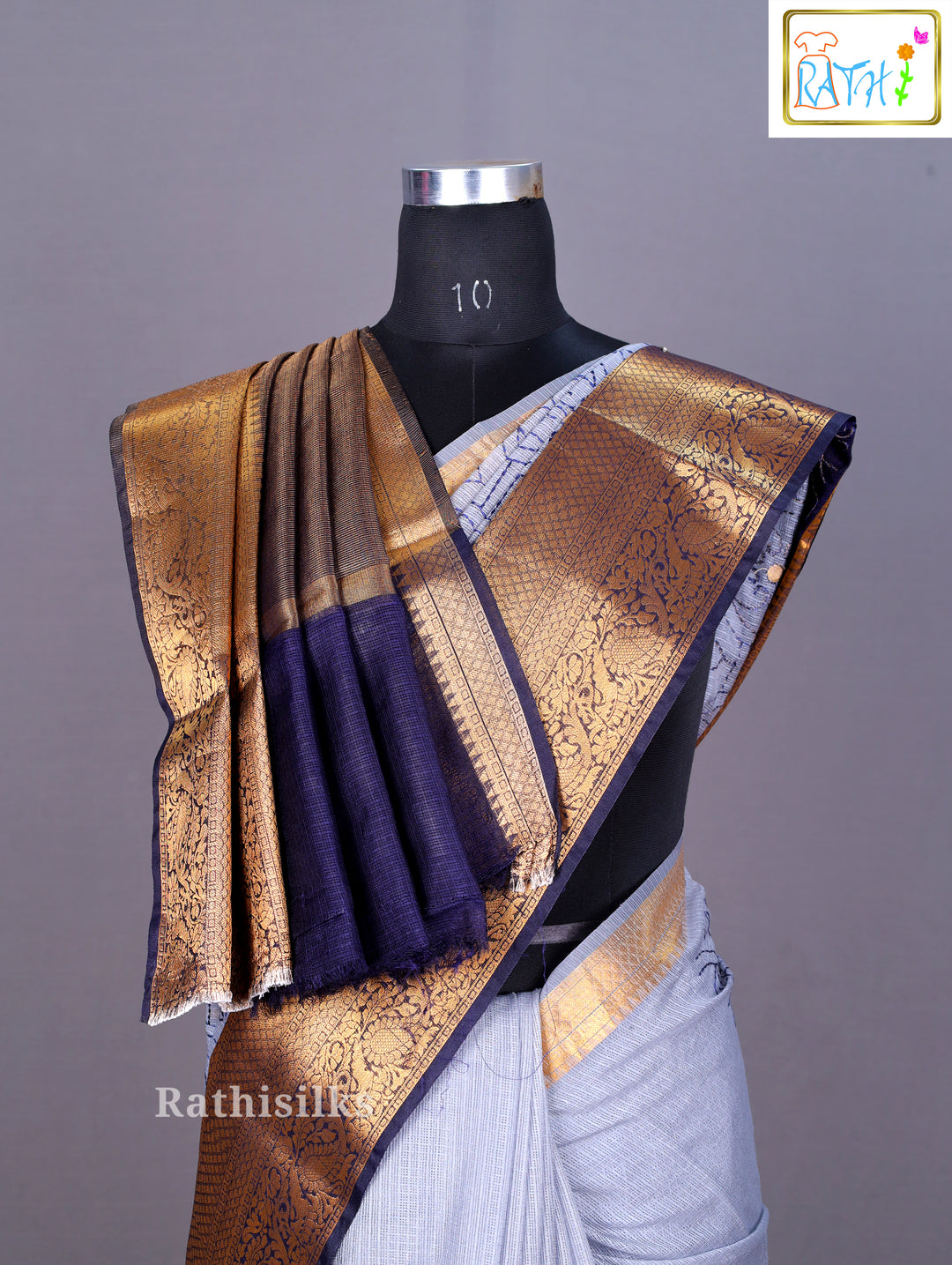 Elegant Grey and Gold Synthetic Saree