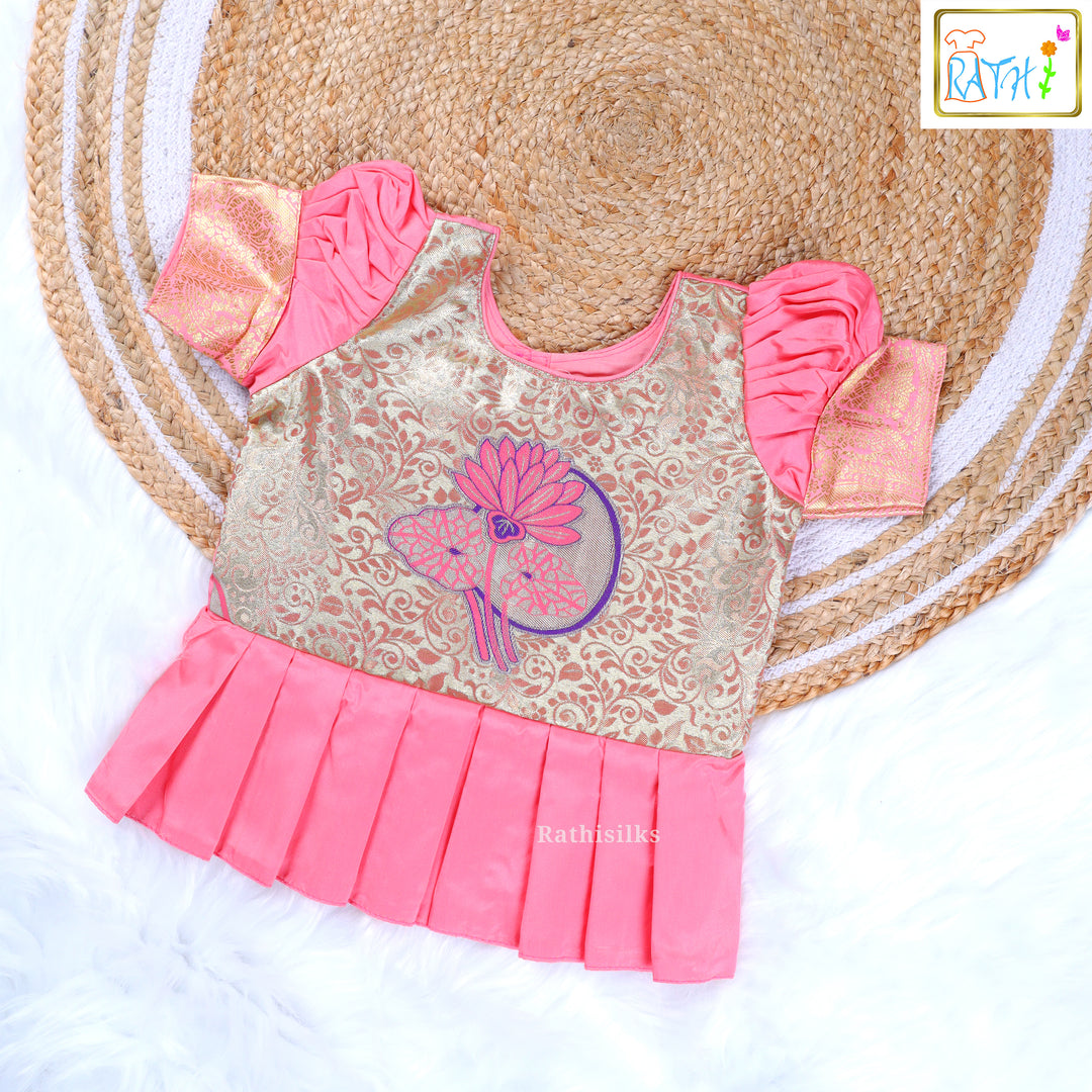 Pink Pleated Blouse with Gold Lotus Brocade Pavadai