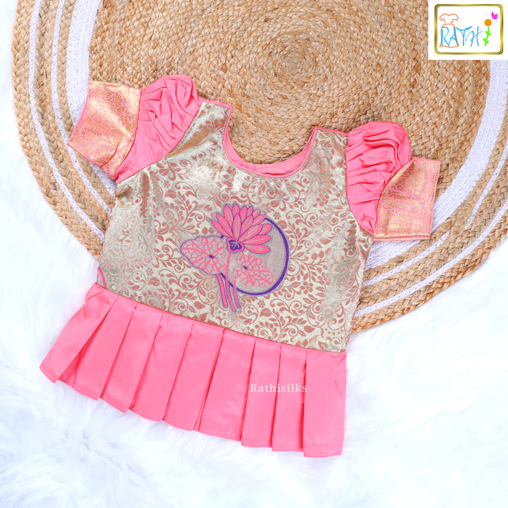 Pink Pleated Blouse with Gold Lotus Brocade Pavadai