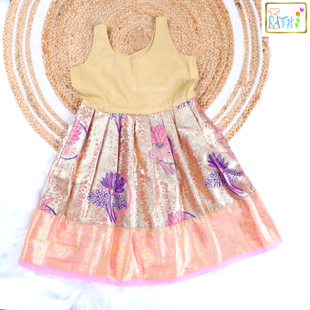 Pink Pleated Blouse with Gold Lotus Brocade Pavadai