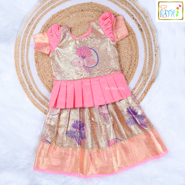 Pink Pleated Blouse with Gold Lotus Brocade Pavadai