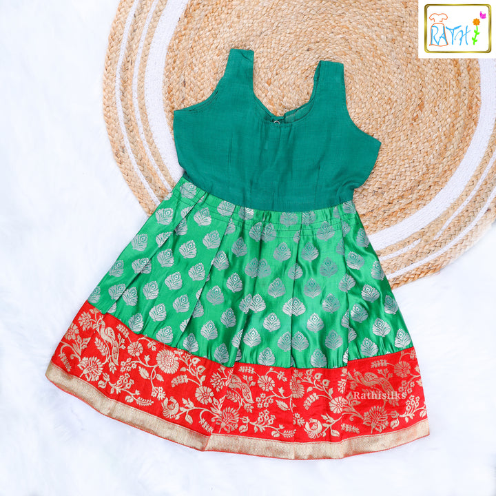 Peacock Green Brocade Pavadai Sattai with Red Peplum Blouse