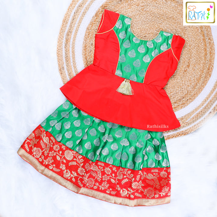 Peacock Green Brocade Pavadai Sattai with Red Peplum Blouse