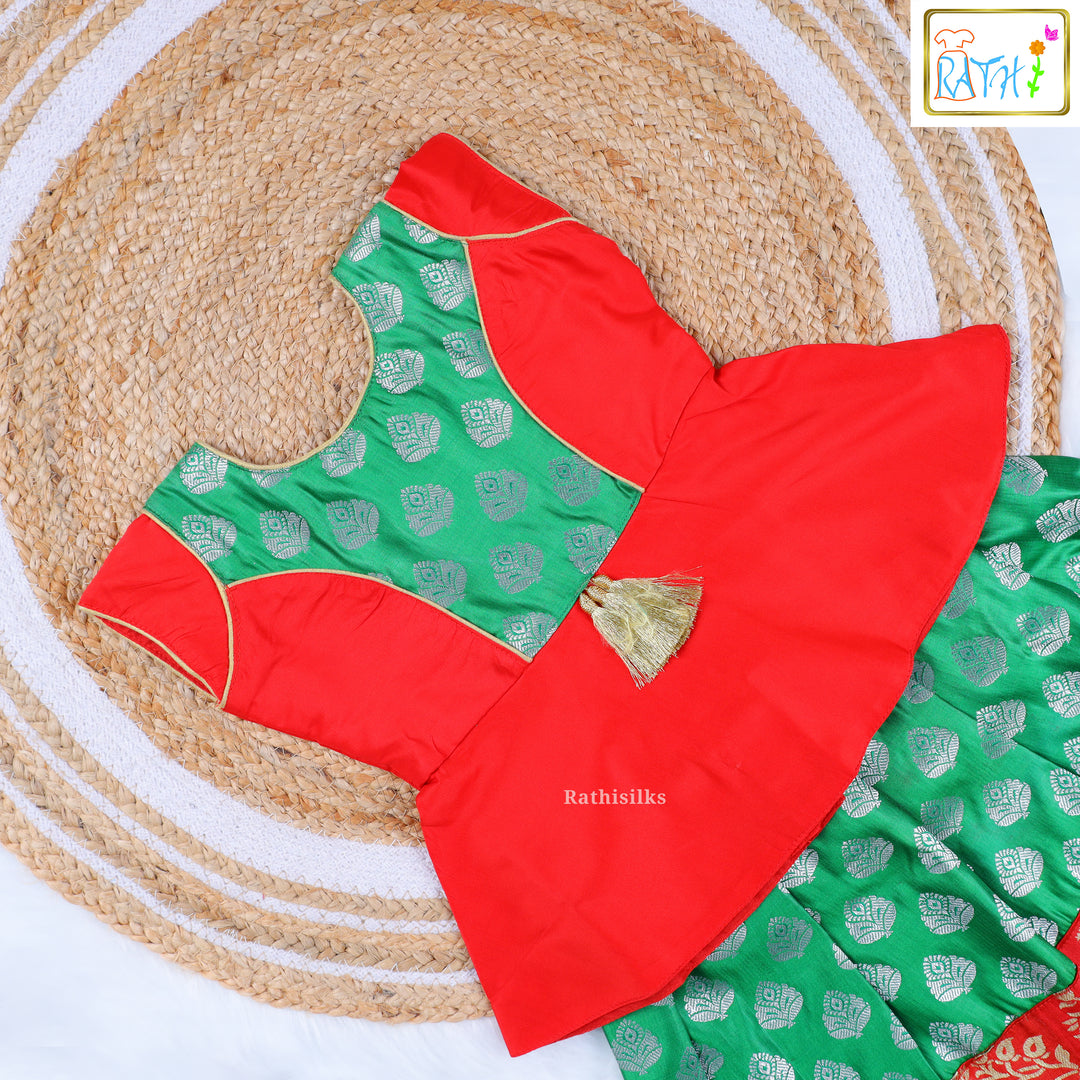 Peacock Green Brocade Pavadai Sattai with Red Peplum Blouse