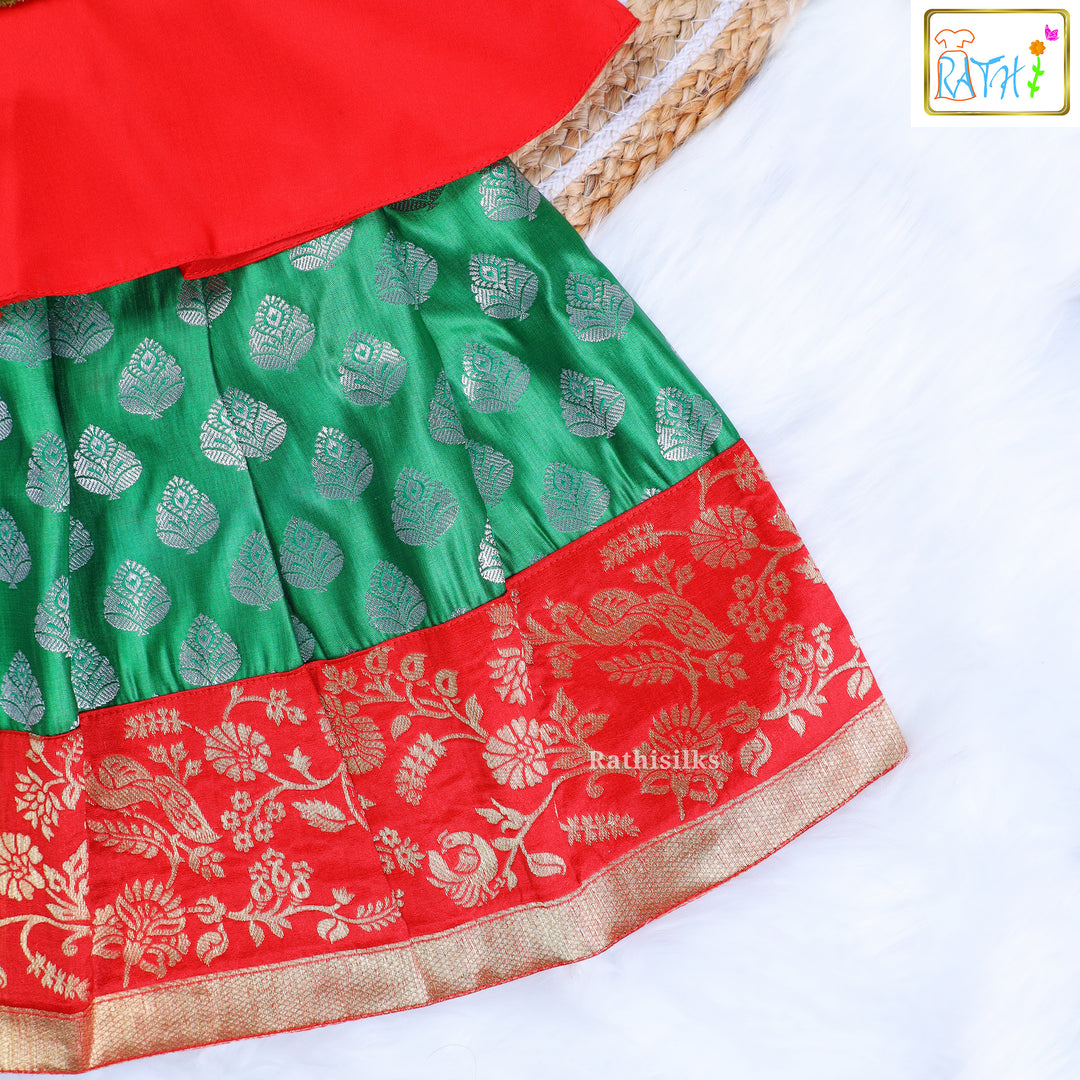 Peacock Green Brocade Pavadai Sattai with Red Peplum Blouse