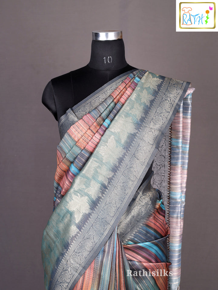 Elegant Multicolor Striped Synthetic Saree
