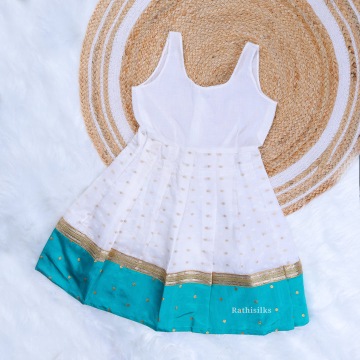 Teal Blue Polka Zari Blouse with White Contrast Pavadai