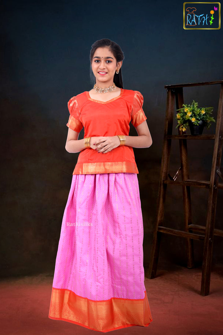 Bright Orange Blouse & Pink Zari Pavadai Set