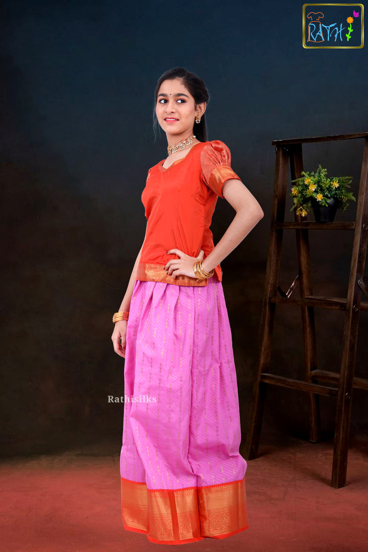 Bright Orange Blouse & Pink Zari Pavadai Set