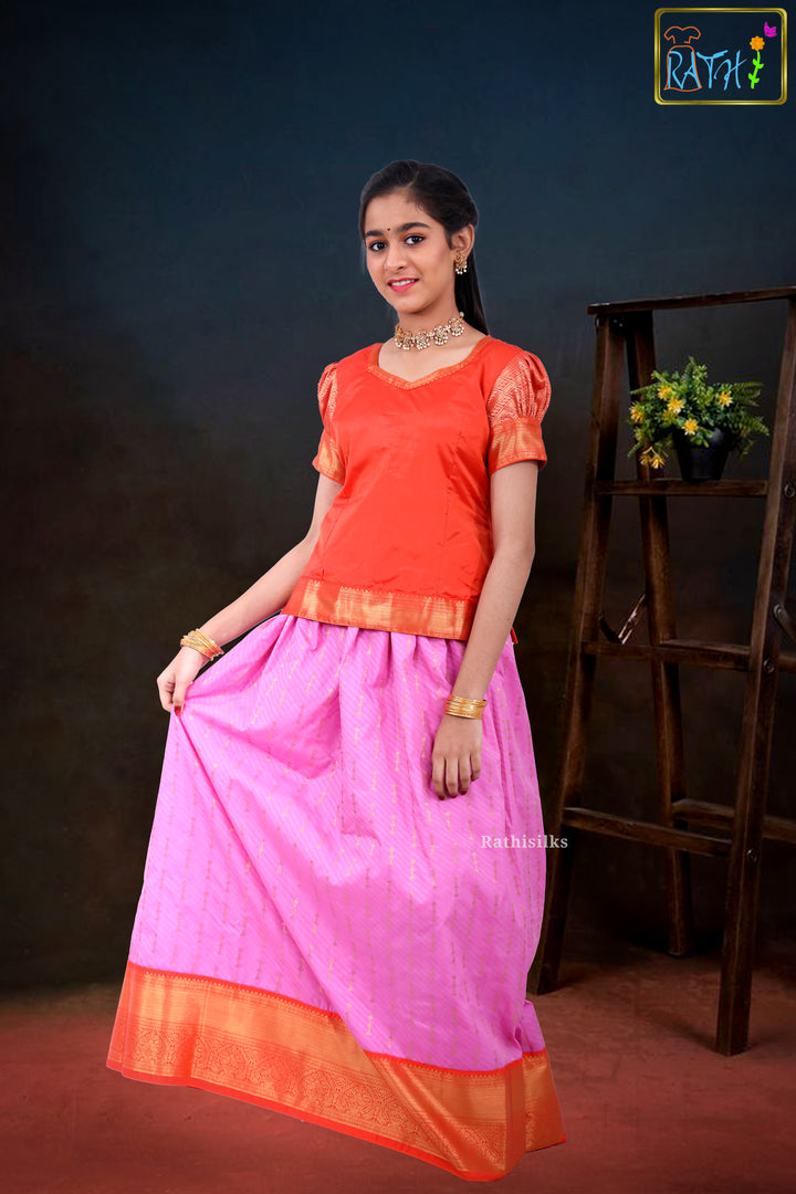 Bright Orange Blouse & Pink Zari Pavadai Set