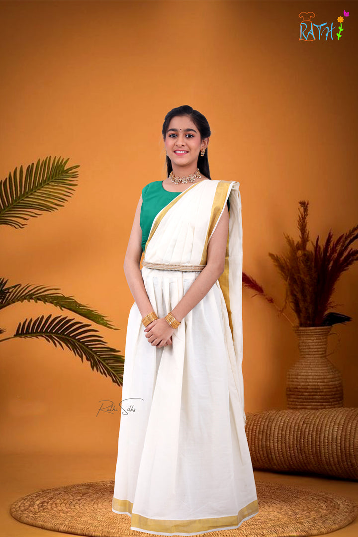 Elegant Kerala-Style White & Gold Saree Dress