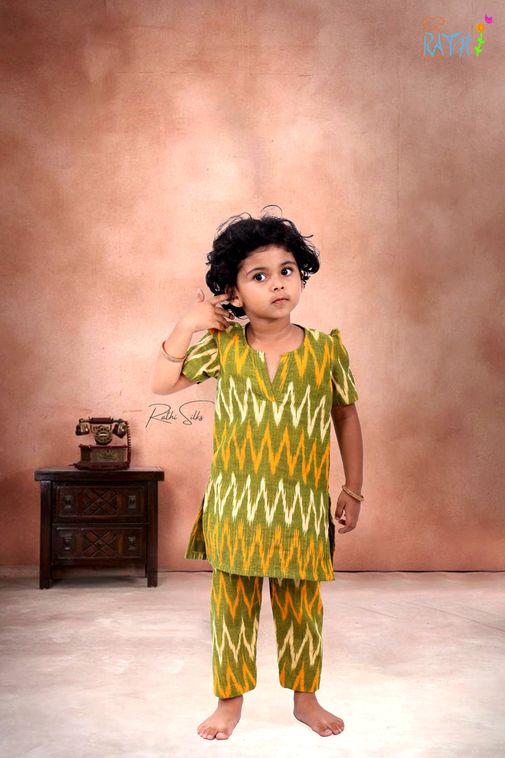Vibrant Ikat Cotton Kurta & Pant Set for Girls