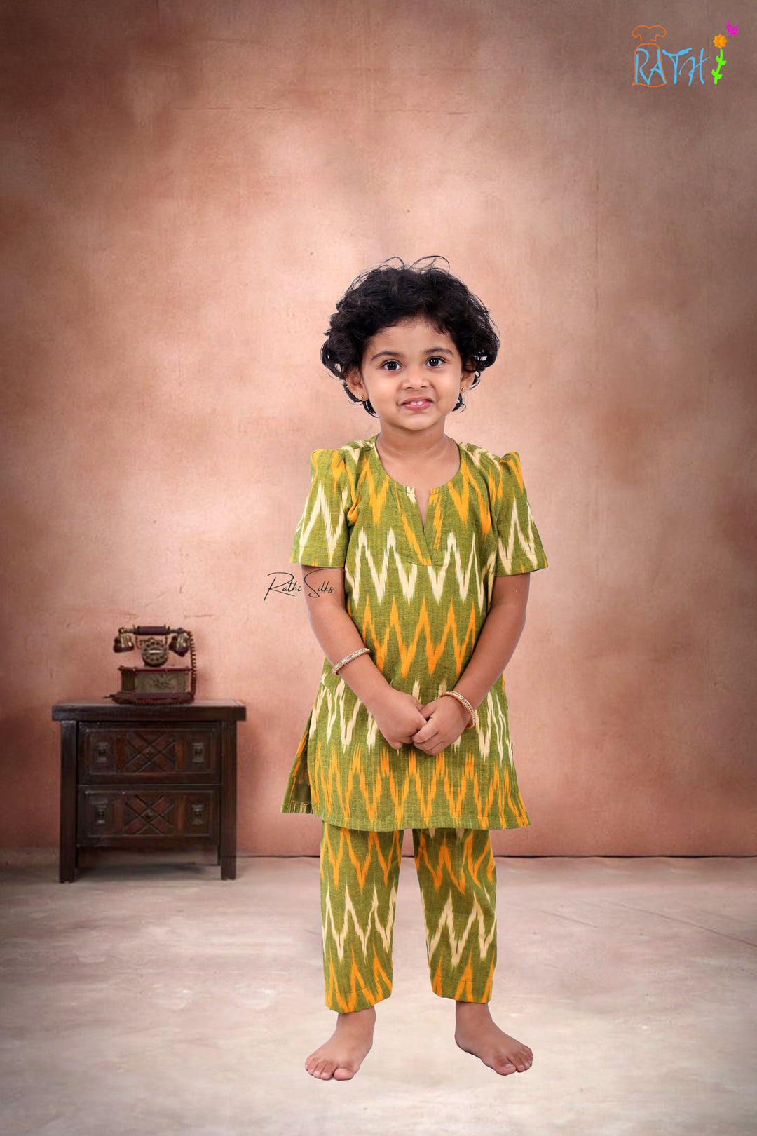 Vibrant Ikat Cotton Kurta & Pant Set for Girls