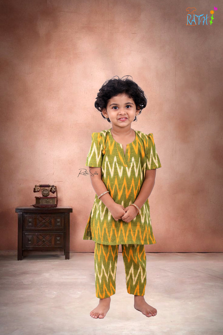 Vibrant Ikat Cotton Kurta & Pant Set for Girls