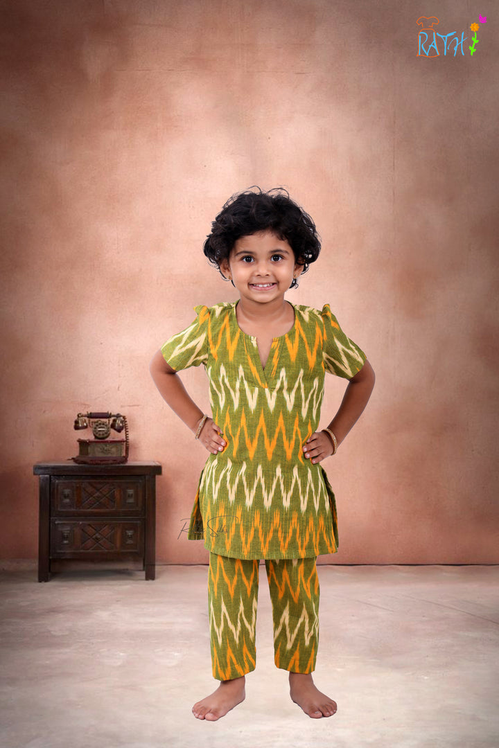 Vibrant Ikat Cotton Kurta & Pant Set for Girls