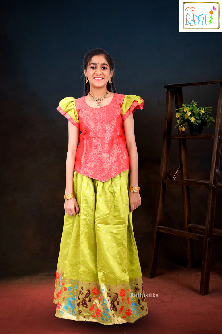Vibrant Red & Lime Green Brocade Pavadai Sattai