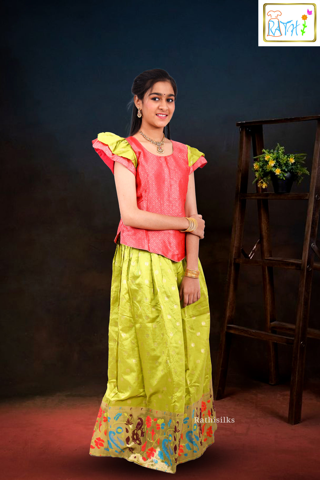 Vibrant Red & Lime Green Brocade Pavadai Sattai