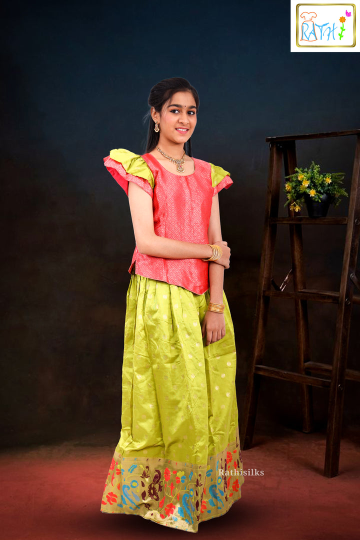 Vibrant Red & Lime Green Brocade Pavadai Sattai