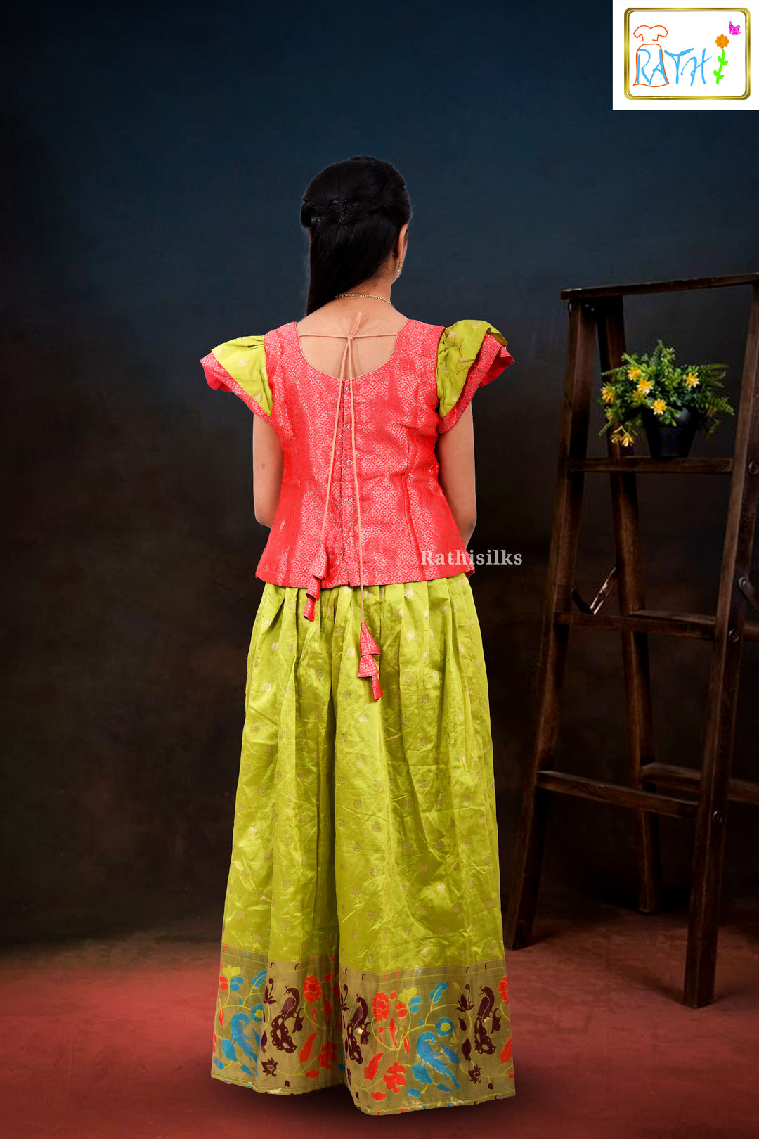 Vibrant Red & Lime Green Brocade Pavadai Sattai