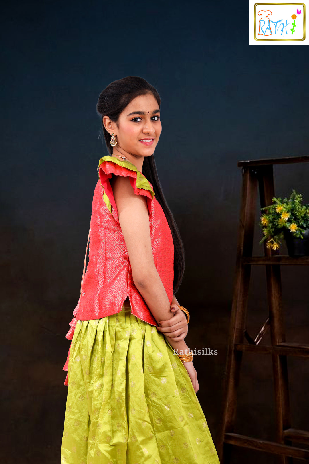 Vibrant Red & Lime Green Brocade Pavadai Sattai